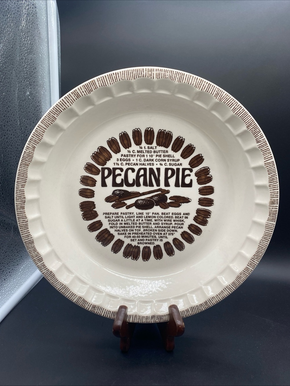 Pecan Pie Recipe Pie Plate - Brown and Cream- Made in the USA